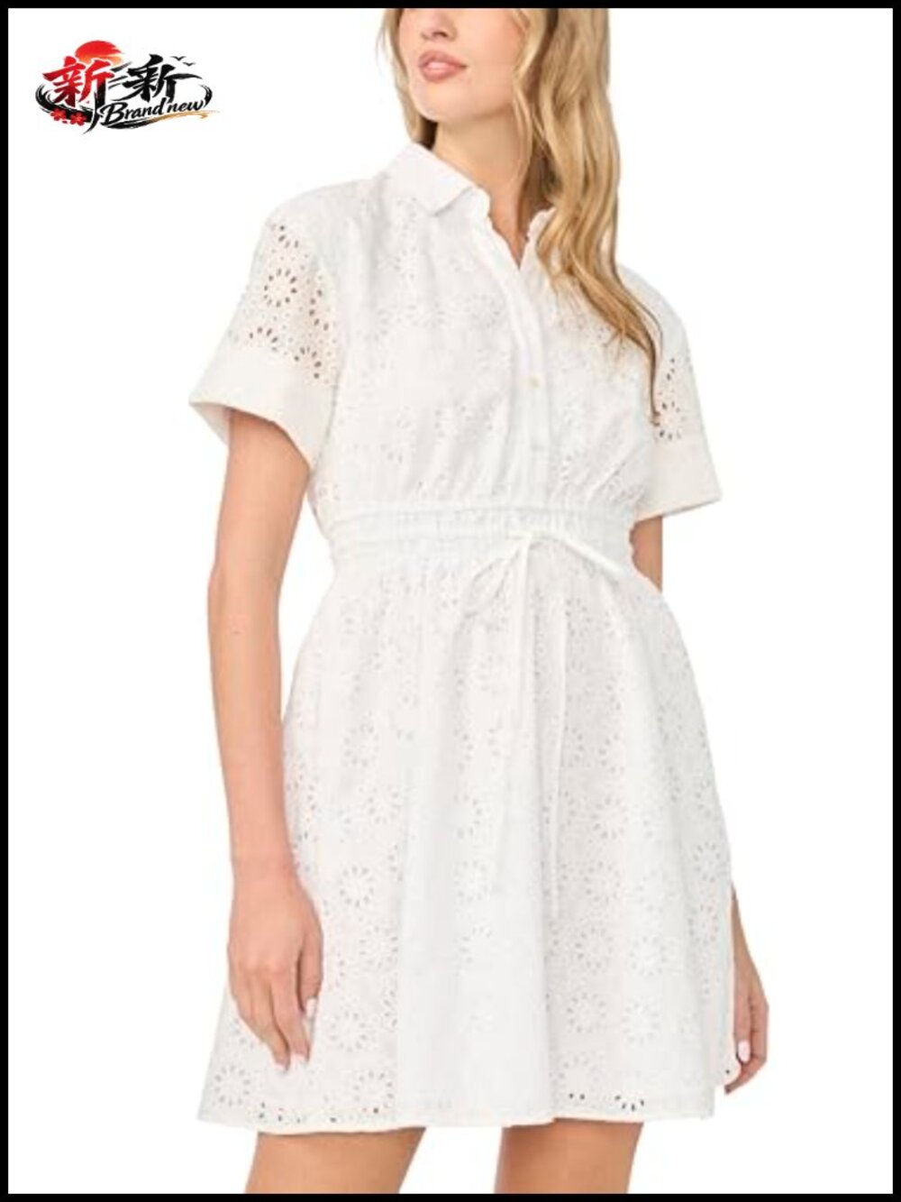 CeCe Women's Button Down Cinched Waist Embroidery Eyelet Mini Dress